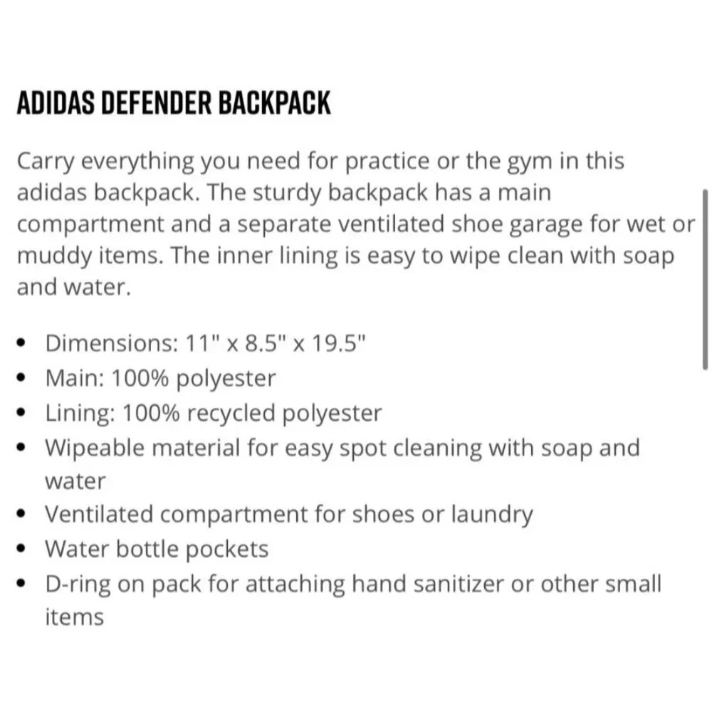 Adidas Defender Black Backpack 4 Ouside Zipper Pockets Water Bottle Pocket